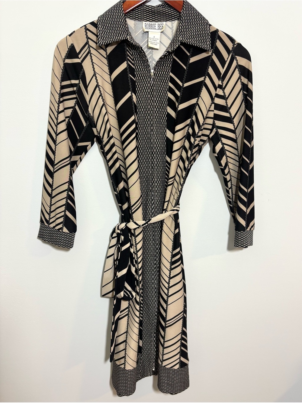 Robbie Bee Vintage Belted Shirt Dress Black Tan Geometric Y2K Mod S